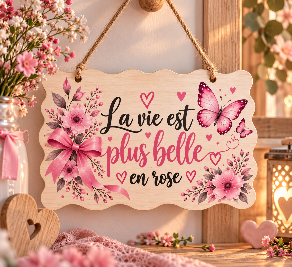 Plaque décorative murale – “La vie est plus belle en rose”