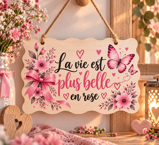 Plaque décorative murale – “La vie est plus belle en rose”