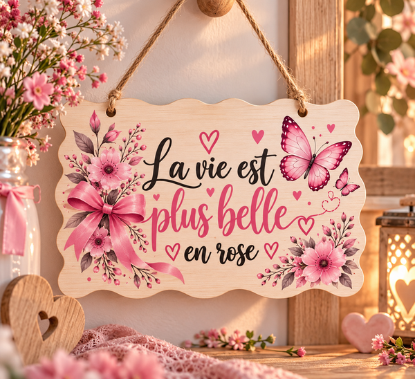 Plaque décorative murale – “La vie est plus belle en rose”