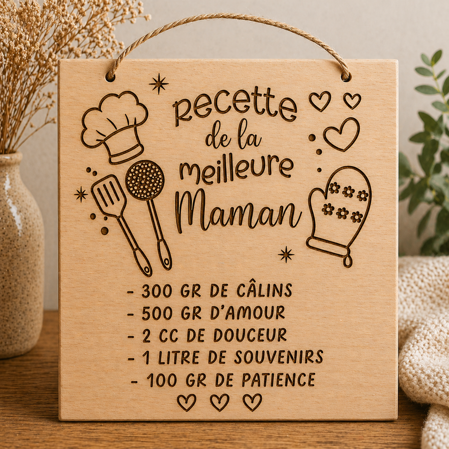 Plaque décorative en bois gravée “Recette de la meilleure Maman” – 20 x 20 cm 💖
