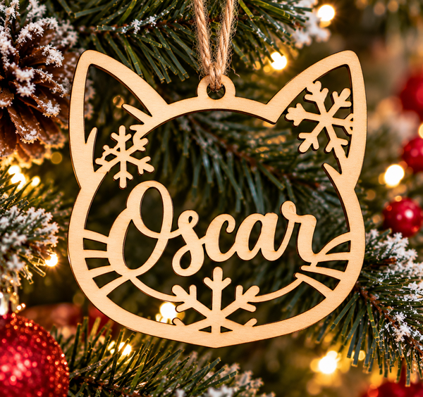 Ornement de Noël personnalisé en bois – Tête de chat 🐱🎄