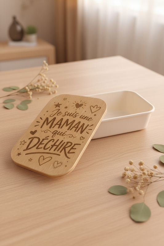 Lunch box “Je suis une maman qui déchire” avec couvercle en bambou gravé