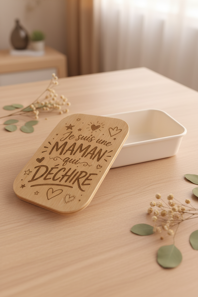 Lunch box “Je suis une maman qui déchire” avec couvercle en bambou gravé