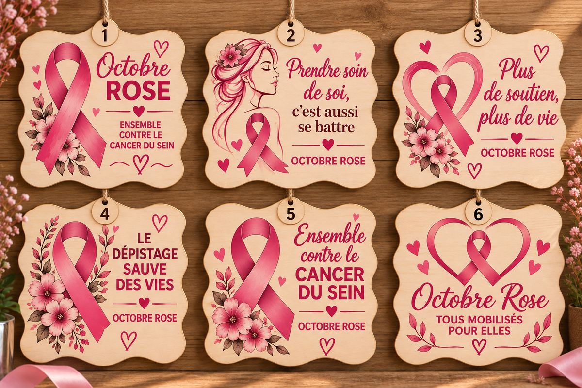 Ornement en bois Octobre Rose – 6 × 5 cm