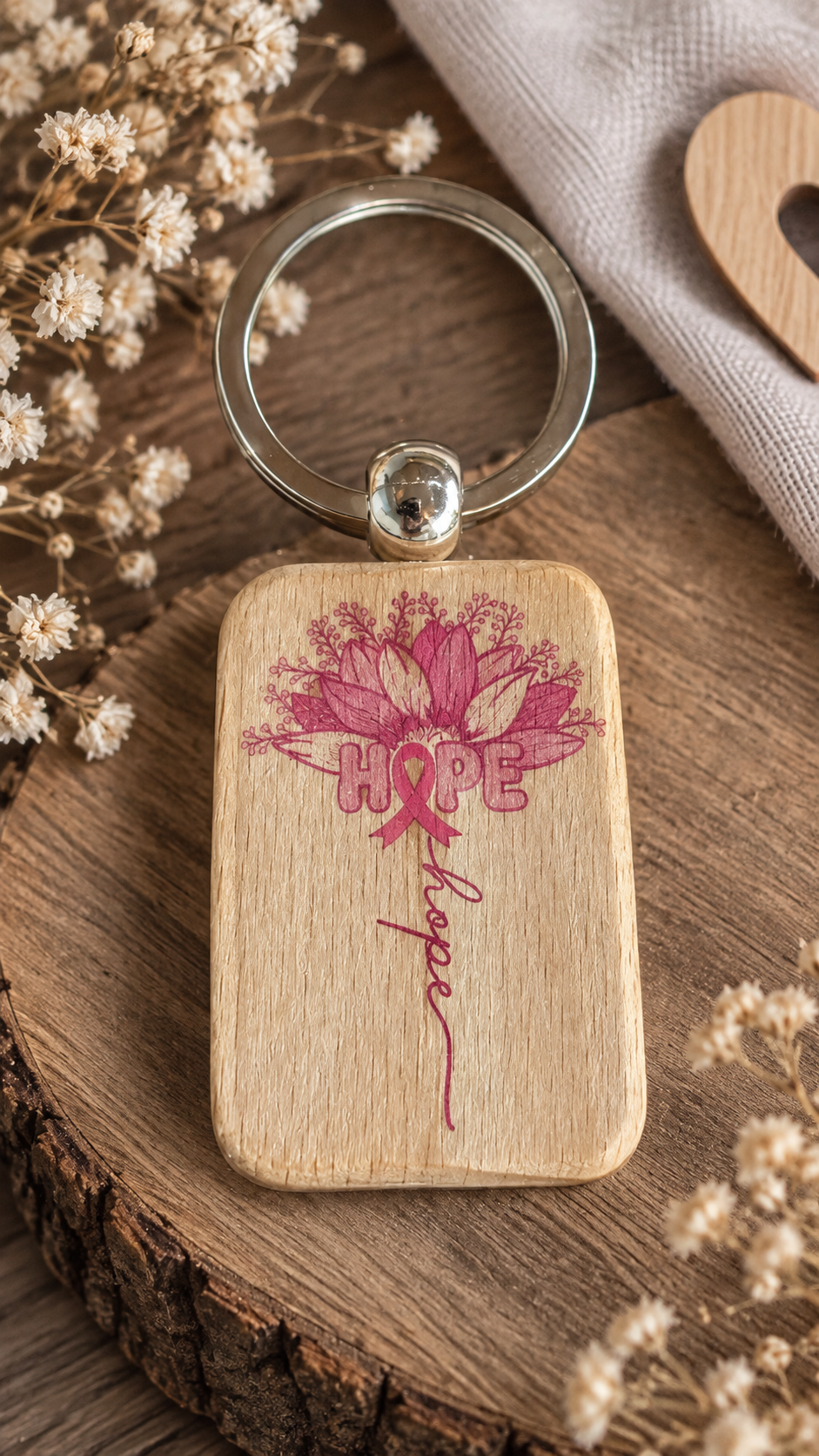 Porte-clés Octobre Rose en bambou – Hope
