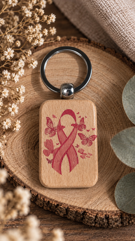 Porte-clés Octobre Rose en bambou – Ruban de sensibilisation