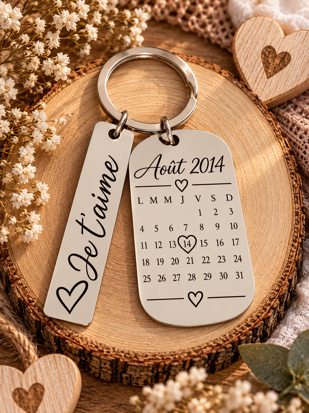 Porte-clés personnalisé “Je t’aime” – Calendrier & Date Gravée ❤️