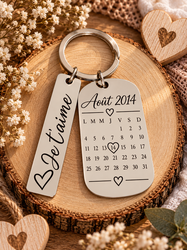 Porte-clés personnalisé “Je t’aime” – Calendrier & Date Gravée ❤️