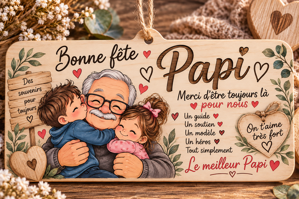 Plaque décorative personnalisée “Bonne fête Papi” en couleur – 11 x 20 cm ❤️