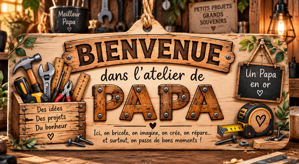 Plaque décorative “Bienvenue dans l’atelier de Papa” en couleur