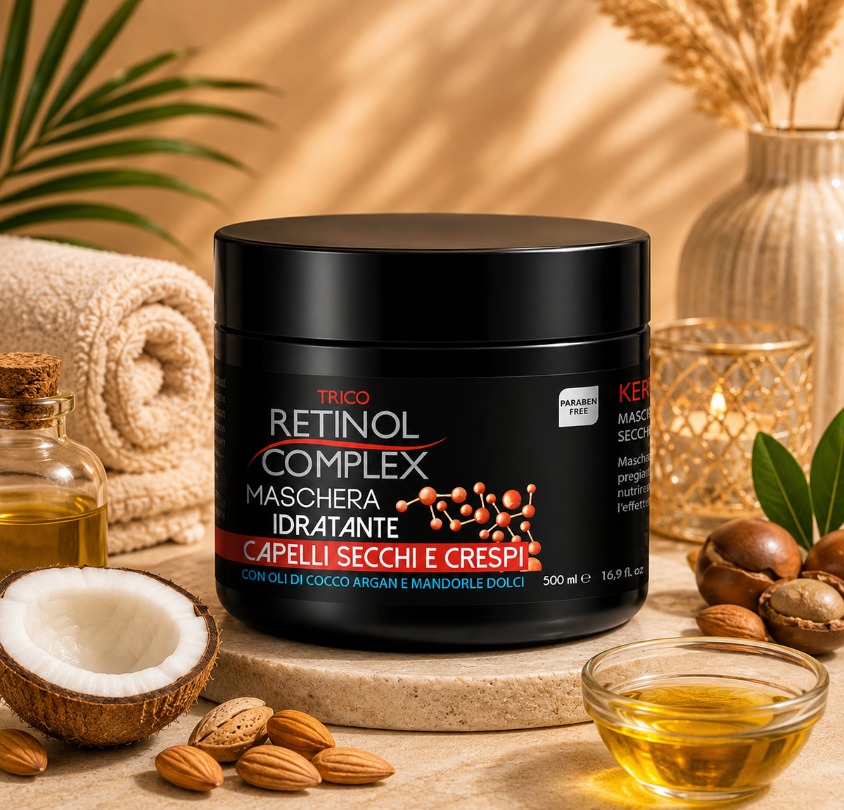 🥥 Masque Capillaire Hydratant Retinol Complex – Huile de Coco, Argan & Amande Douce – 500 ml