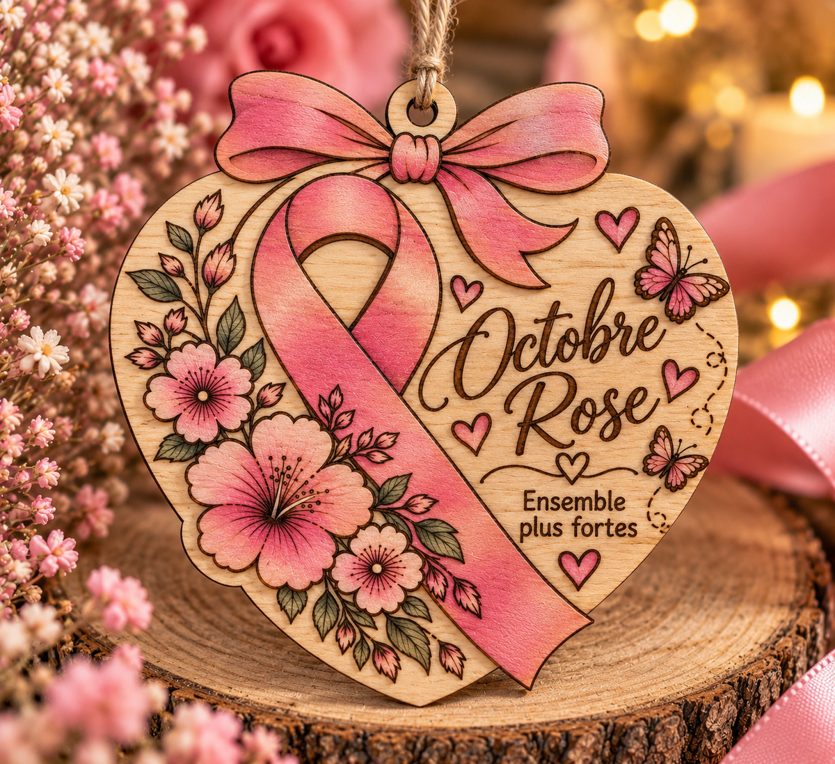Suspension Cœur – Octobre Rose 🌸🎀 (1€ reverser)
