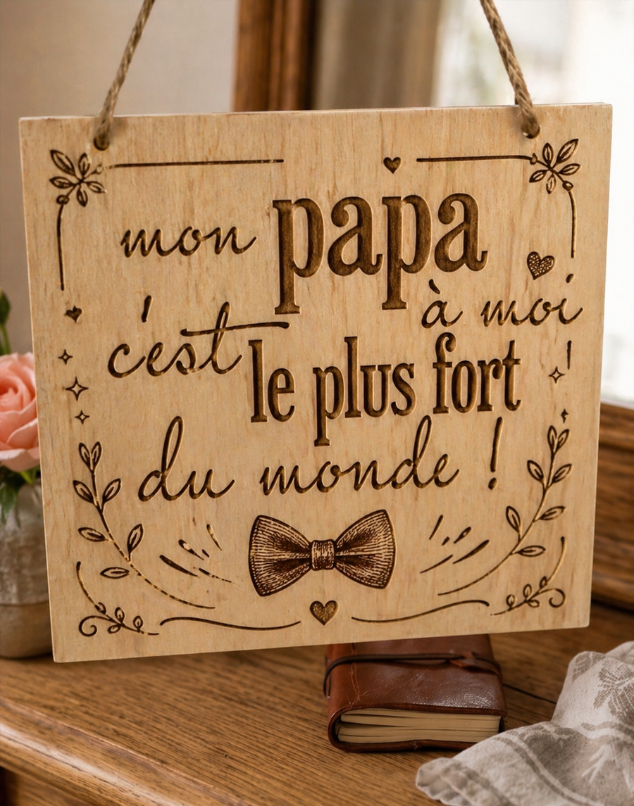 Plaque en bois gravé Mon papa c’est le plus fort du monde