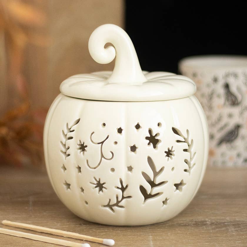 Brûleur d'huile et chauffe-cire « citrouille » style folk couleur crème
