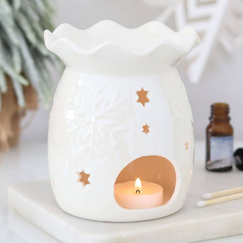 Brûle‑parfum et chauffe‑cire flocon de neige blanc irisé