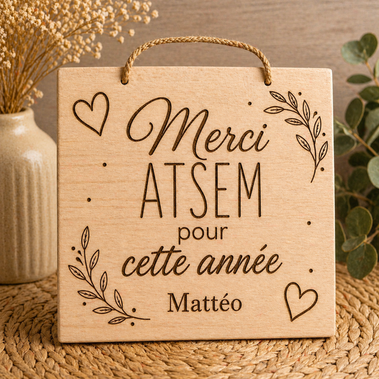Plaque décorative en bois gravée “Merci ATSEM pour cette année” – 20 x 20 cm 🌸
