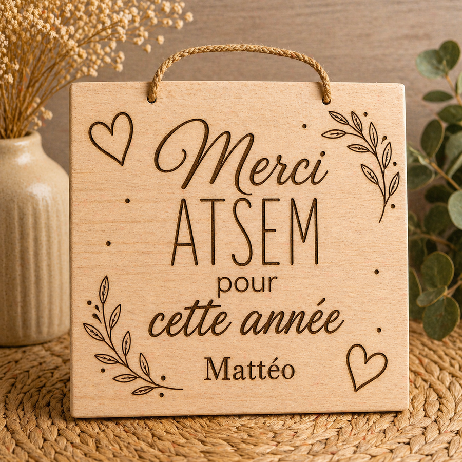 Plaque décorative en bois gravée “Merci ATSEM pour cette année” – 20 x 20 cm 🌸