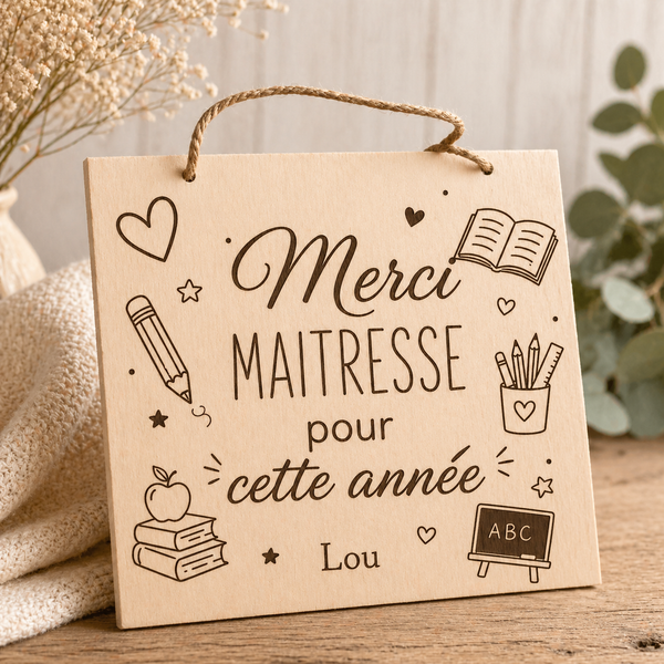 Plaque décorative en bois gravée “Merci Maîtresse pour cette année” – 20 x 20 cm