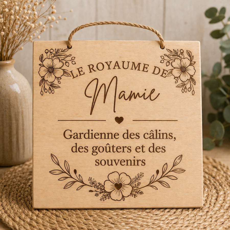 Plaque décorative en bois gravée “Le Royaume de Mamie” – 20 x 20 cm 💕
