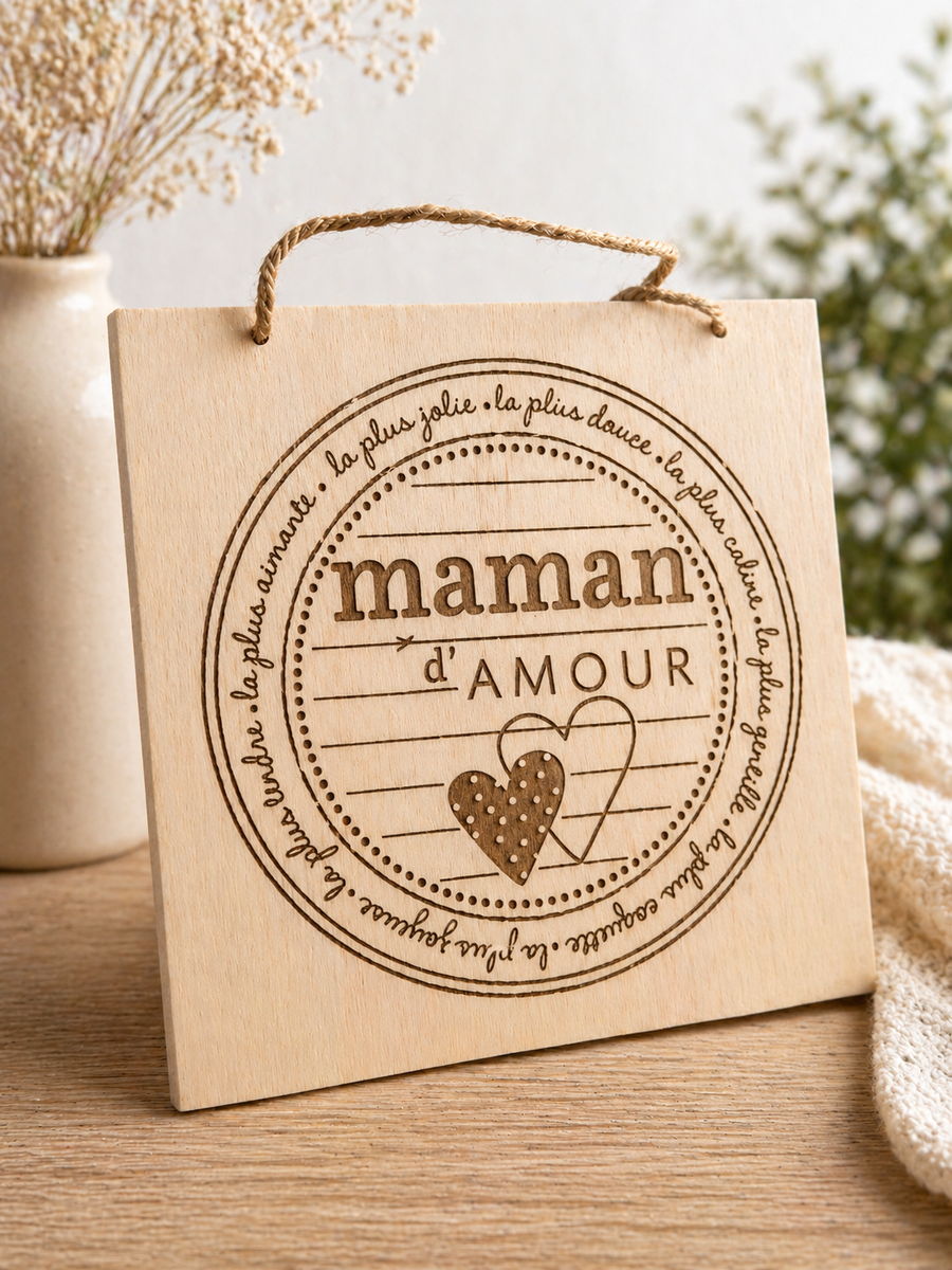 Plaque décorative en bois gravée “Maman d’Amour” – 20 x 20 cm 💖