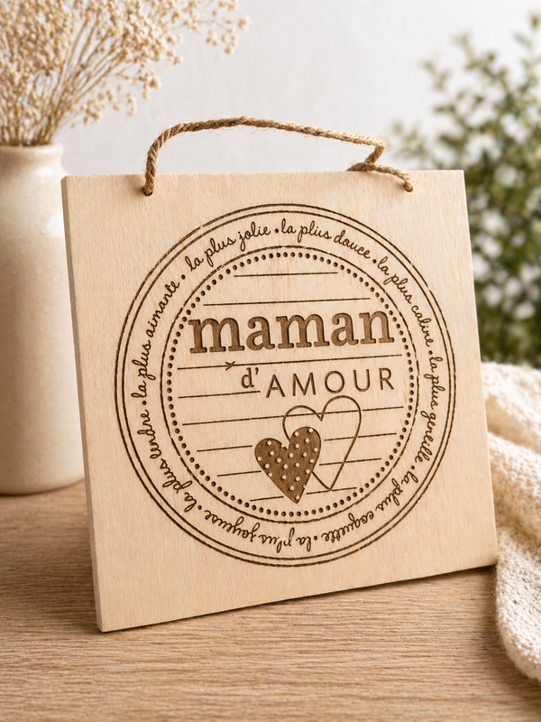 Plaque décorative en bois gravée “Maman d’Amour” – 20 x 20 cm 💖