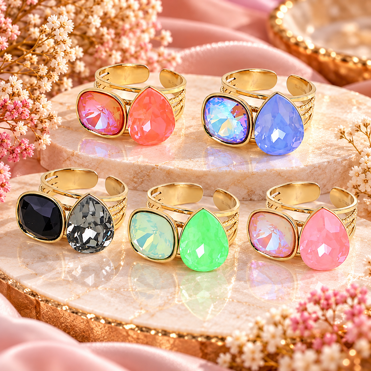 Bague ajustable en acier inoxydable ornée de cristaux de Swarovski®