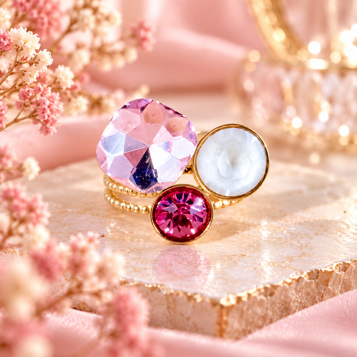 Bague trilogie dorée ornée de 3 cristaux – Acier inoxydable