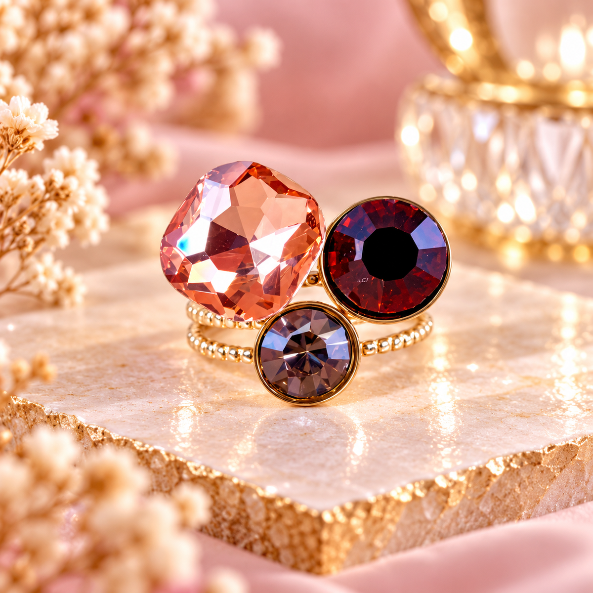 Bague trilogie dorée ornée de 3 cristaux – Acier inoxydable