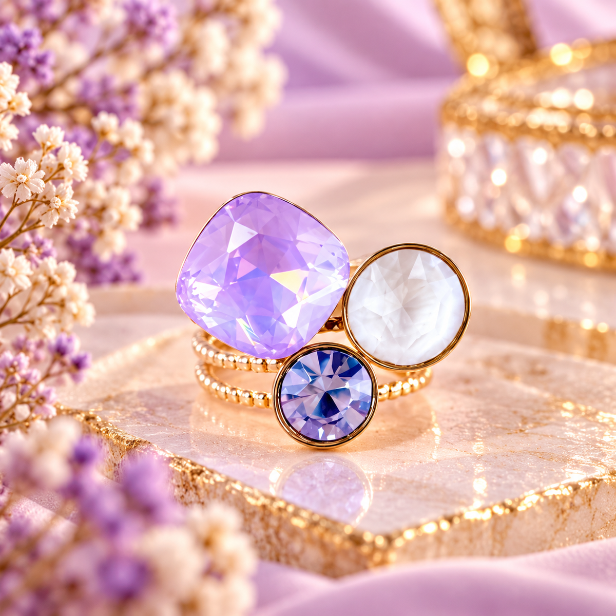 Bague trilogie dorée ornée de 3 cristaux – Acier inoxydable