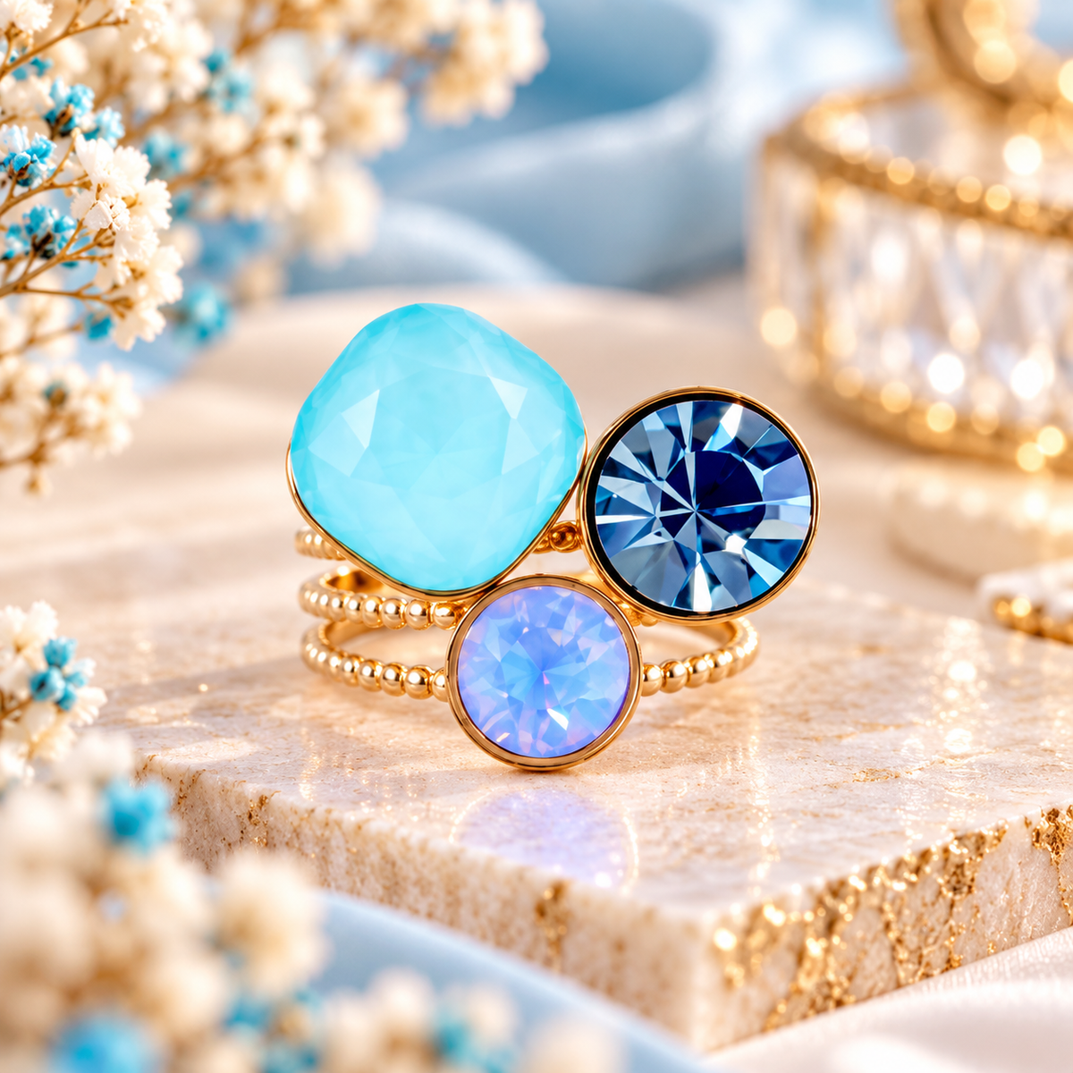 Bague trilogie dorée ornée de 3 cristaux – Acier inoxydable