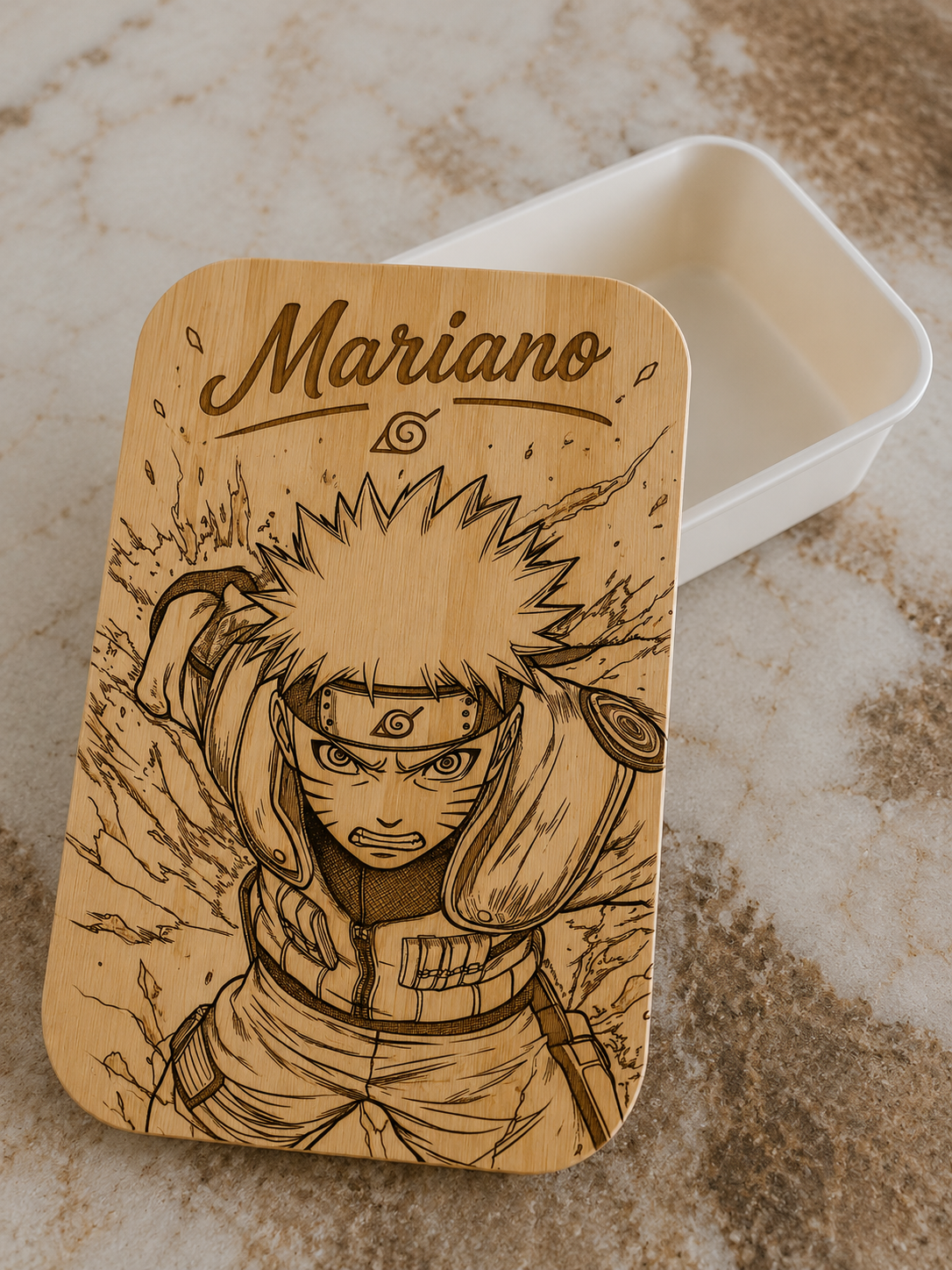 Lunch box personnalisée “Naruto” avec prénom – Couvercle en bambou gravé