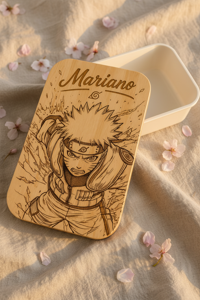 Lunch box personnalisée “Naruto” avec prénom – Couvercle en bambou gravé