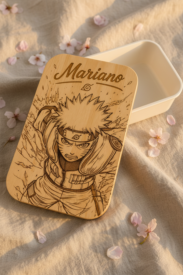 Lunch box personnalisée “Naruto” avec prénom – Couvercle en bambou gravé