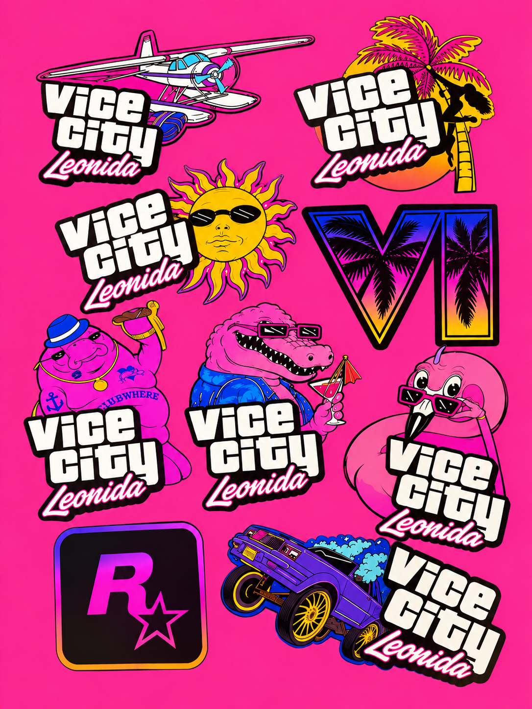 🩷 Planche A4 – 9 autocollants vinyle Vice City 🩷