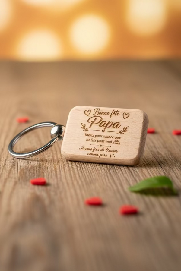 Porte-clés en bois gravé – “Bonne fête Papa”
