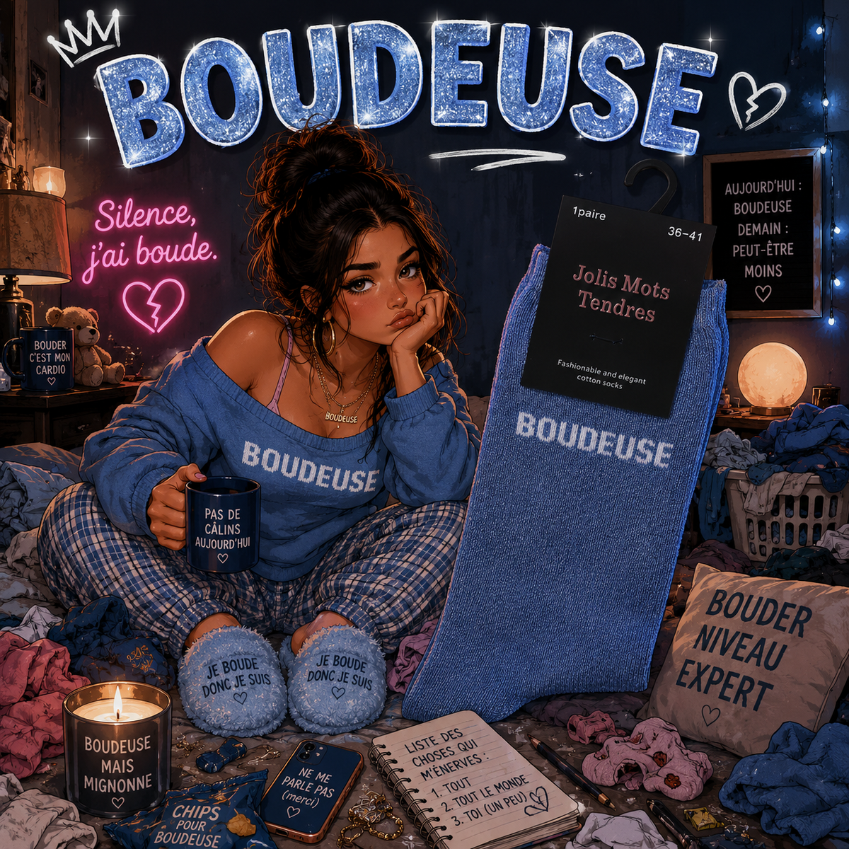 🧦 Chaussettes “BOUDEUSE” – Bleu 💙