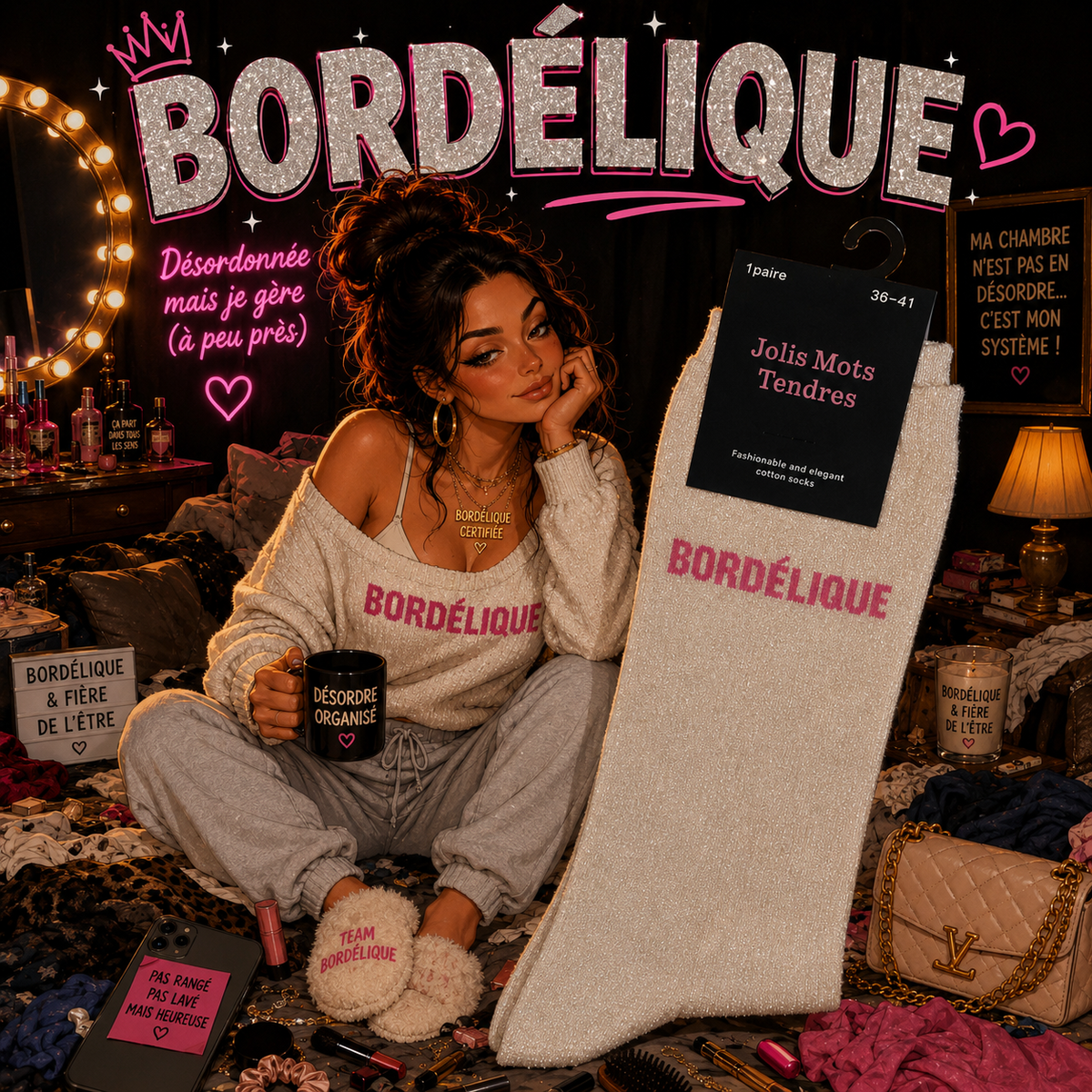 🧦 Chaussettes “BORDÉLIQUE” – Beige Doré ✨🤎