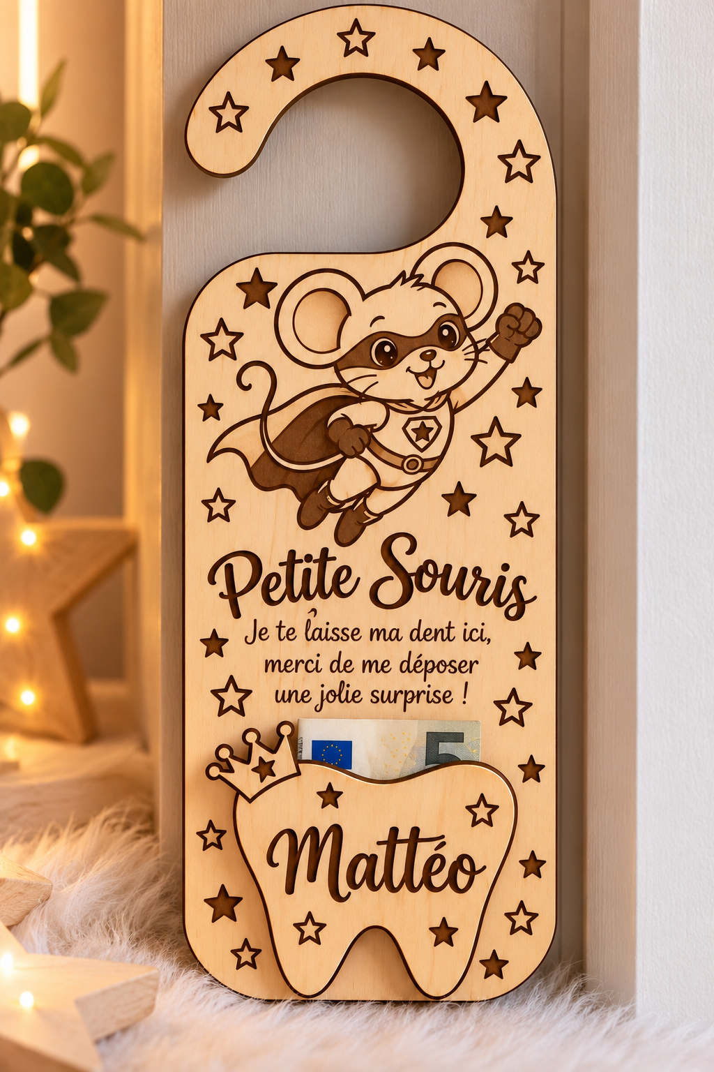 🦷 Accroche-porte Petite Souris personnalisé en bois – Un souvenir magique ✨(modèle fille/garçon au choix)