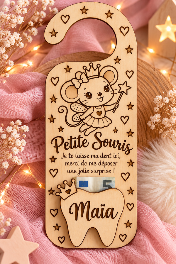🦷 Accroche-porte Petite Souris personnalisé en bois – Un souvenir magique ✨(modèle fille/garçon au choix)