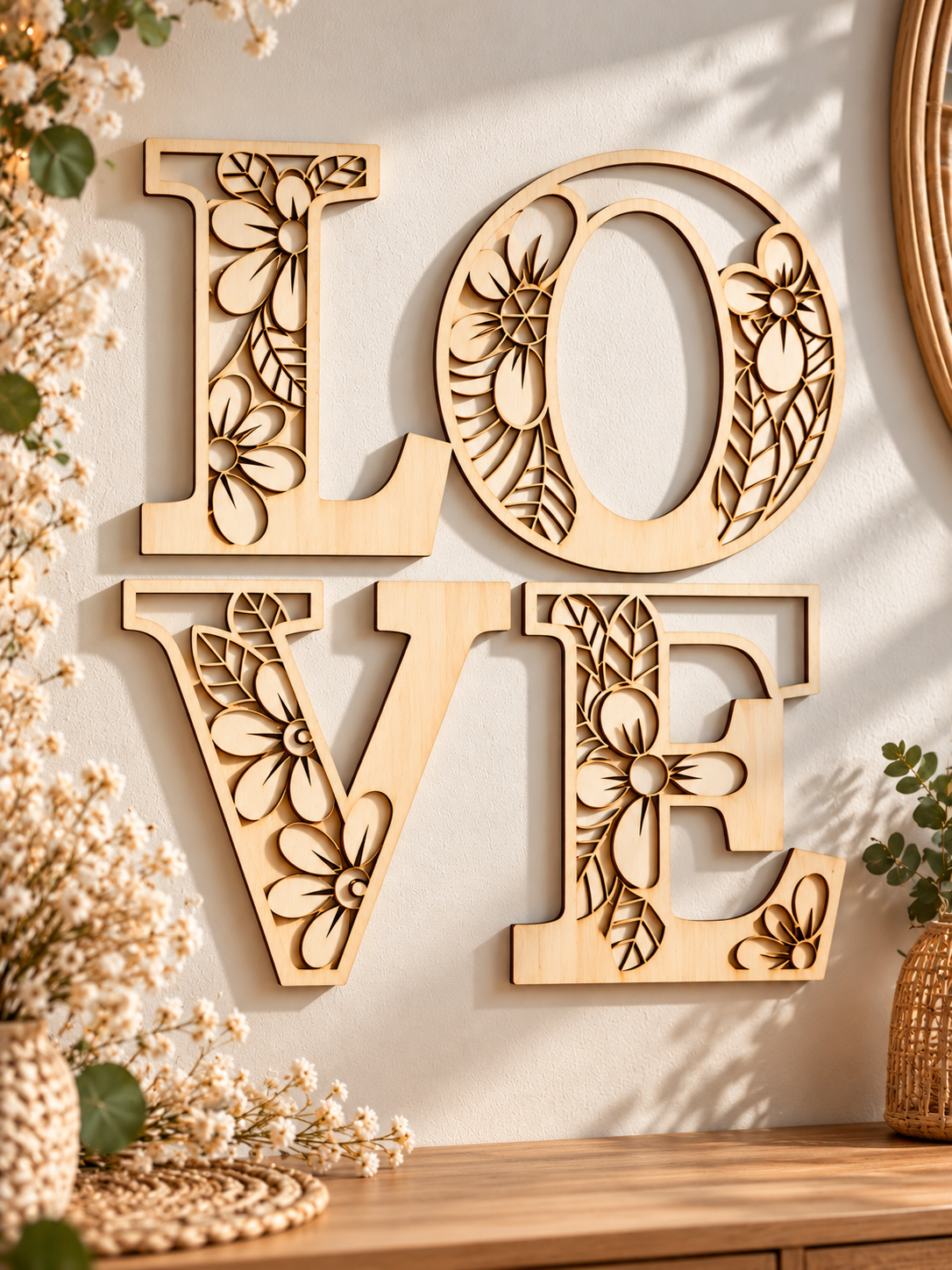 🌸 Lettre décorative en bois gravée – Motif floral (prix pour une lettre)