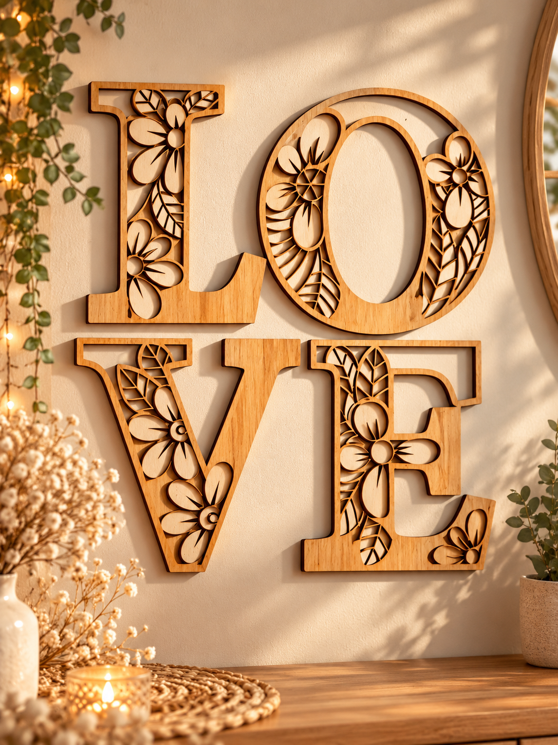 🌸 Lettre décorative en bois gravée – Motif floral (prix pour une lettre)