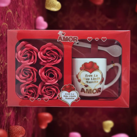 (Précommande) Coffret Cadeau Prestige Saint-Valentin : Mug Céramique, Cuillère et Roses de Savon
