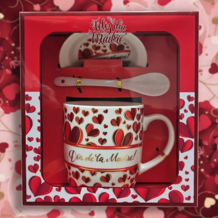 (Précommande) Coffret Cadeau Céramique “Cœurs” – Mug, Soucoupe et Cuillère