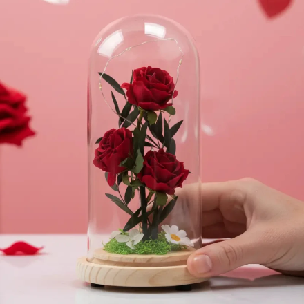 (Précommande) 🌹 Sous Cloche Lumineux 3 ROSES ROUGES