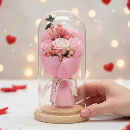 (Précommande) 🌸 Sous Cloche Lumineux BOUQUET ROSES ROSES