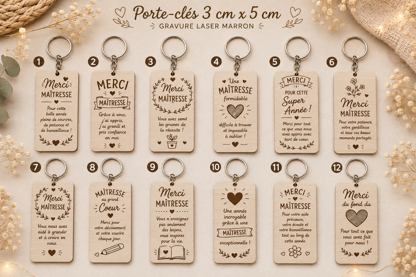Porte-clés gravé maitresse 3x5cm