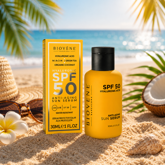 (Précommande) 🧡 Sérum Solaire Visage SPF50 Anti-Âge à l’Acide Hyaluronique – Biovène Barcelona – 30 ml
