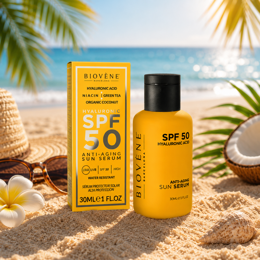 (Précommande) 🧡 Sérum Solaire Visage SPF50 Anti-Âge à l’Acide Hyaluronique – Biovène Barcelona – 30 ml