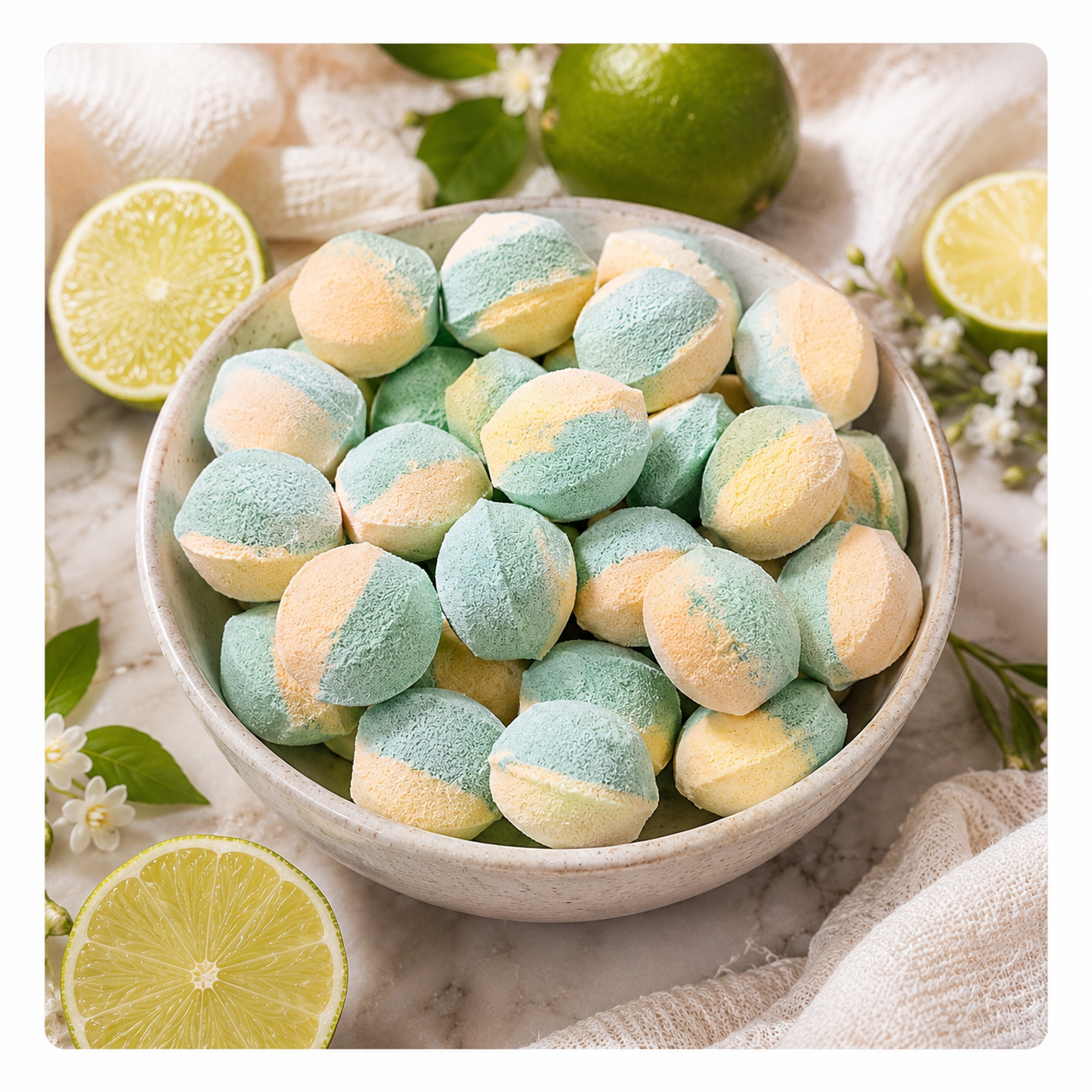 🍋 Mini-billes effervescentes bicolores – Parfum Citron Vert 🍋 (à l’unité)