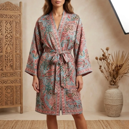 (Précommande) Kimono Court en Soie “Santi” Imprimé Patchwork Ethnique & Floral Turquoise & Rose d’INDE